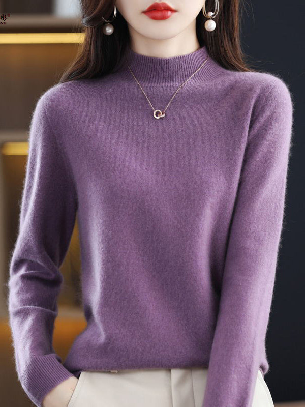 flowersverse Office Long Sleeves Solid Color High-Neck Sweater Tops Pullovers