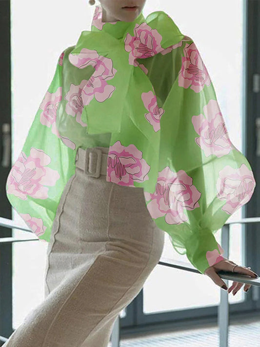 flowersverse Loose Puff Sleeves Bow-Embellished Floral Printed See-Through Stand Collar Blouses&Shirts Tops