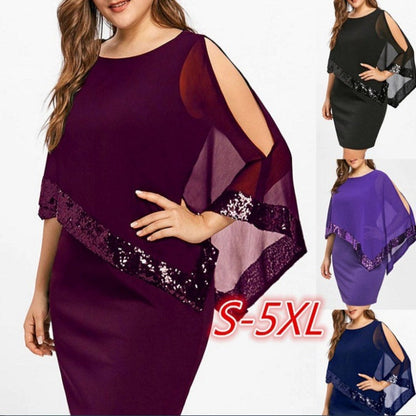 flowersverse Irregular Mid Waist Sequin Stitching Plus Size Women's Female Color Dress