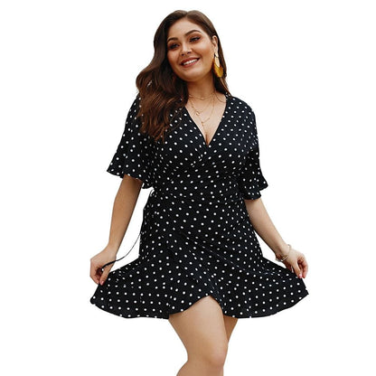 flowersverse Plus Size Women Summer High Waist Polka Dot Boho Beach Dress New Fashion Ladies Beach Dress Casual Short Sleeve V-Neck Sundress