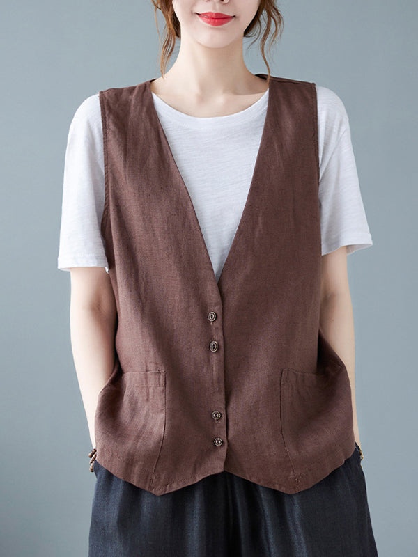 flowersverse Simple Loose V-Neck Solid Color Vest