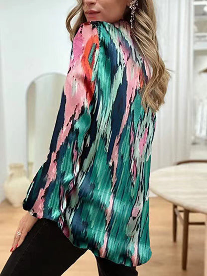 flowersverse Printed Long Sleeves Loose V-Neck Blouses&Shirts Tops