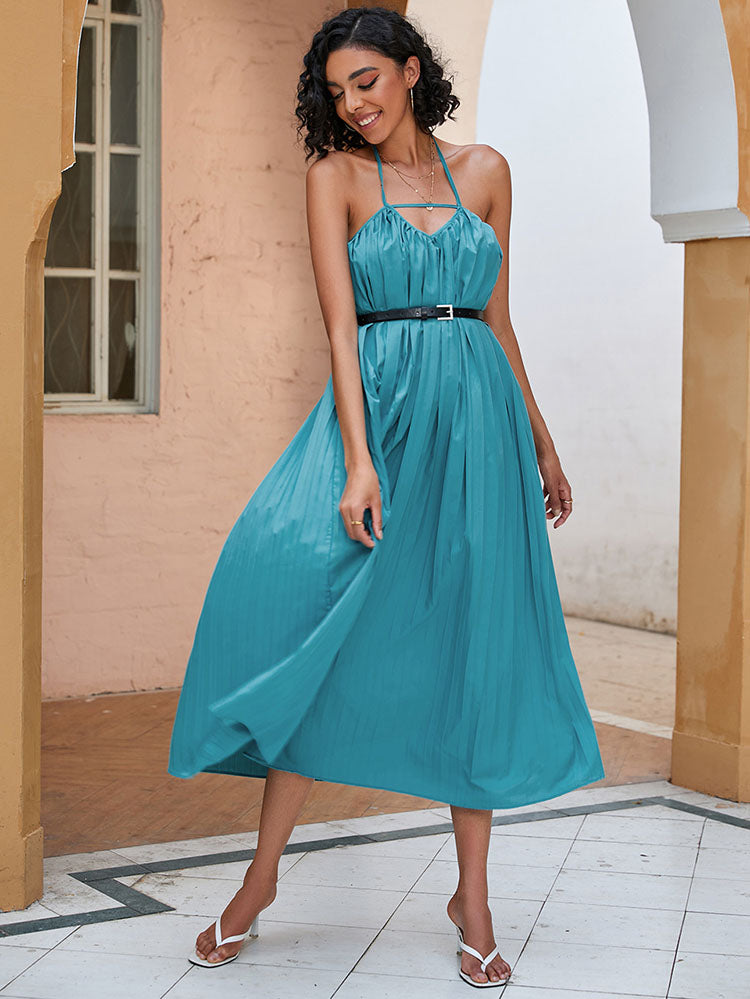 flowersverse Halter Chiffon V Neck Sleeveless Midi Dresses