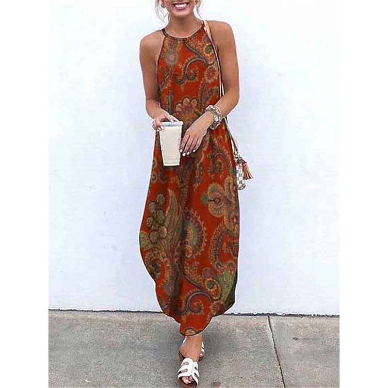 flowersverse Women's Casual Dress Shift Dress Slip Dress Long Dress Maxi Dress Wine Red Khaki Sleeveless Floral Print Winter Fall Spring Spaghetti Strap Fashion Daily  S M L XL XXL 3XL