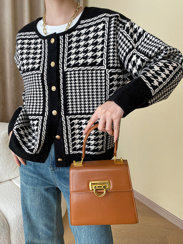 flowersverse Long Sleeves Loose Contrast Color Houndstooth Split-Joint Round-Neck Cardigan Tops