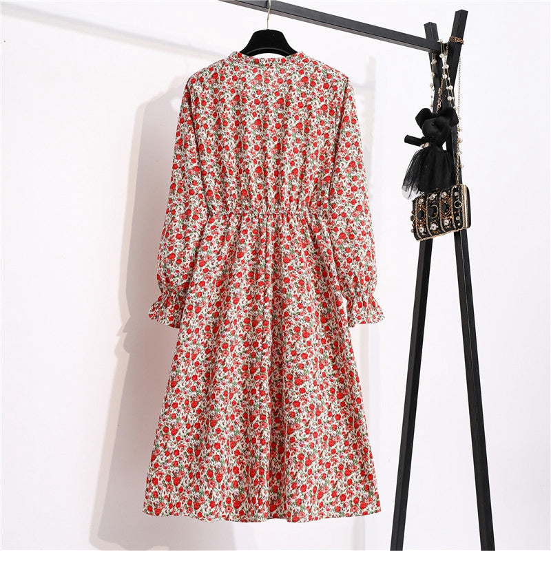 flowersverse Autumn Winter Ladies Chiffon High Elastic Waist Women Bow Aline Full Sleeve Flower Print Floral Party Dress Female Vestido