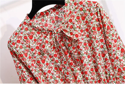 flowersverse Autumn Winter Ladies Chiffon High Elastic Waist Women Bow Aline Full Sleeve Flower Print Floral Party Dress Female Vestido