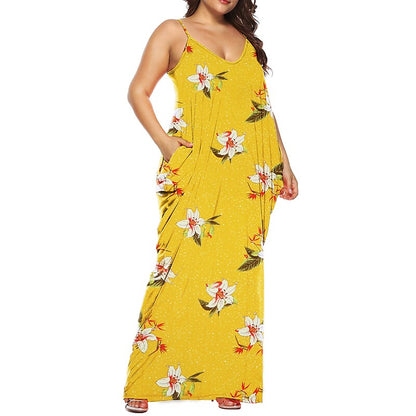 flowersverse Women's Plus Size Casual Dress Shift Dress Slip Dress Leopard Floral Long Dress Maxi Dress Sleeveless Pocket Print Strap Fashion Daily Light Yellow Black Spring Summer XL XXL 3XL