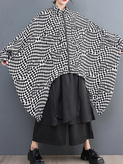 flowersverse High-Low Loose Plaid Zipper Stand Collar Outerwear