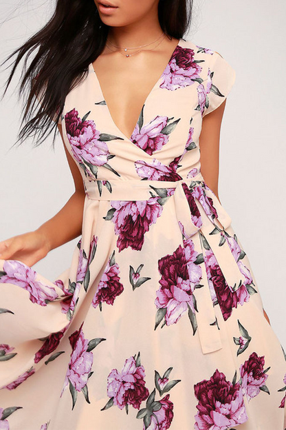 flowersverse Elegant Floral Frenulum With Belt Irregular Dress Dresses