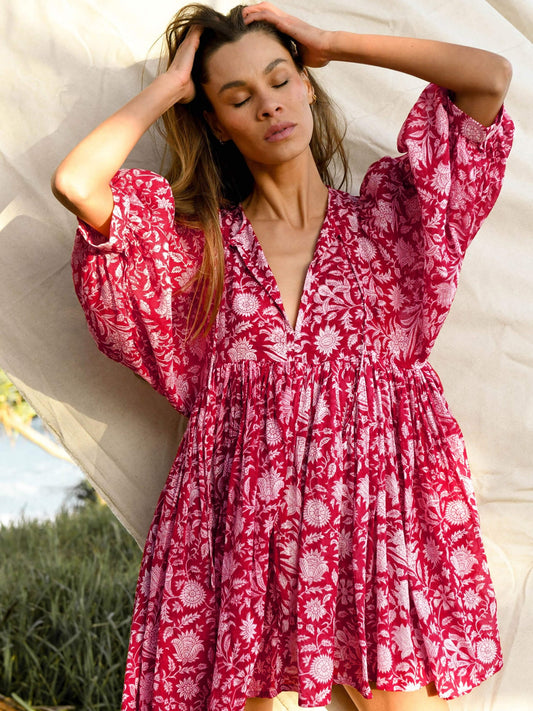 flowersverse ANDERSON FLORAL SHORT SLEEVE MINI DRESS - RED