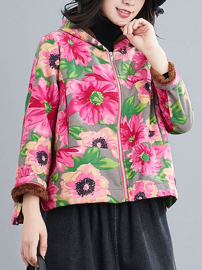 flowersverse Artistic Retro Velvet Floral Printed Zipper Hooded Long Sleeves Outwear