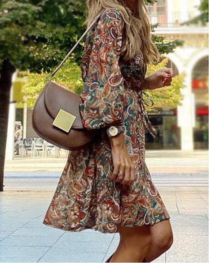 flowersverse New Printed Long Sleeve A-Line Boho Dress