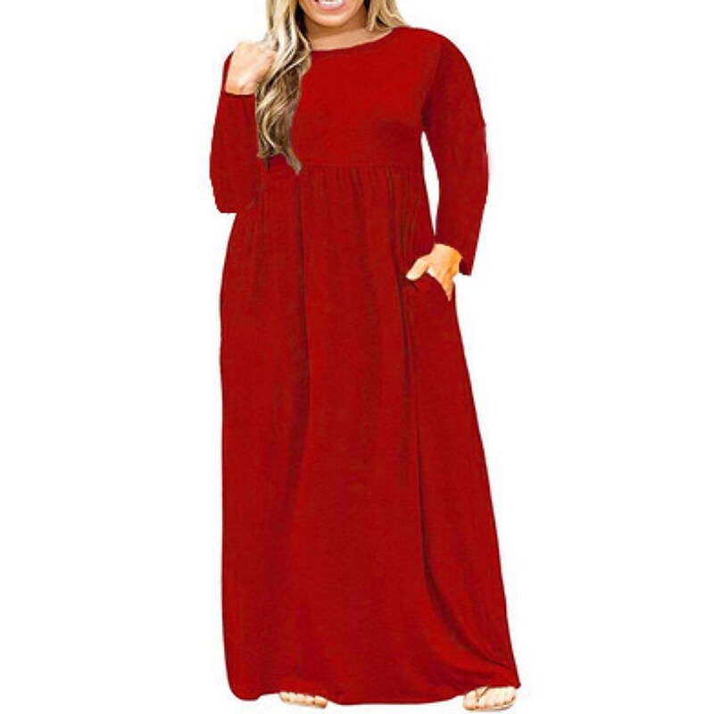 flowersverse Women's Plus Size Casual Dress T Shirt Dress Tee Dress Solid Color Long Dress Maxi Dress Long Sleeve Pocket Crew Neck Classic Daily Navy Blue Orange Winter Fall L XL 3XL 4XL 5XL