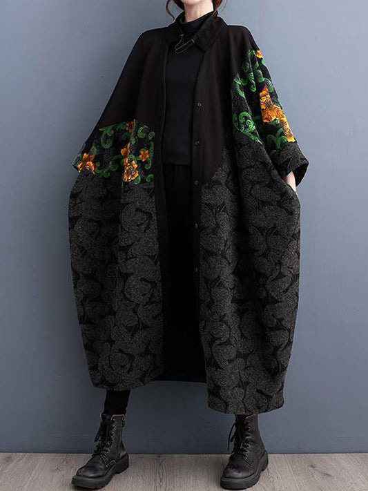 flowersverse Buttoned Drawstring Flower Print Split-Joint Long Sleeves Loose Collarless Trench Coats