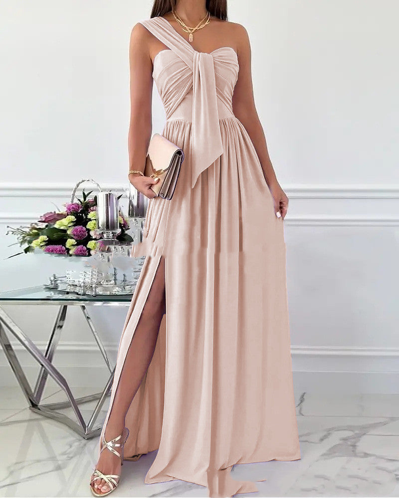 flowersverse Solid Color Sleeveless Pleated Chiffon Long Dress Slim Fit