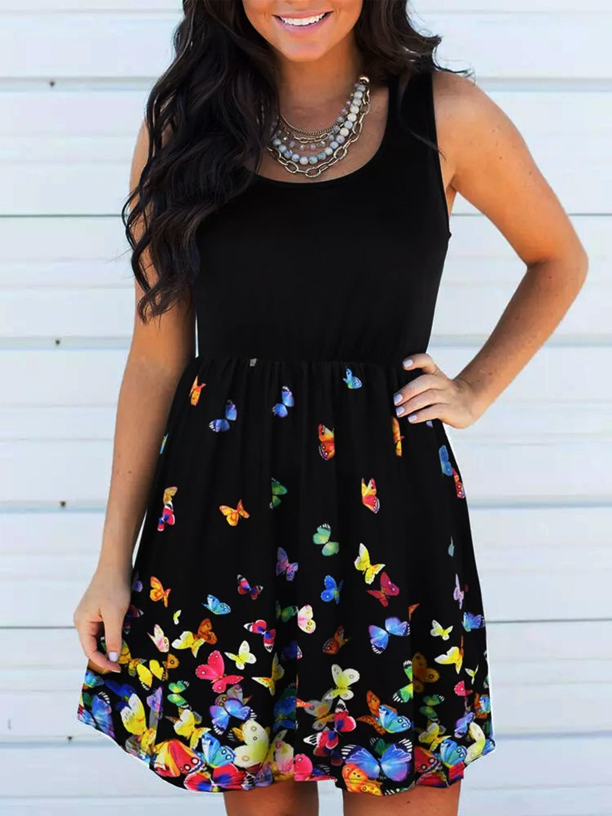 flowersverse Vintage Butterflies Printed Statement Plus Size Sleeveless Crew Neck Casual Knitting Dress