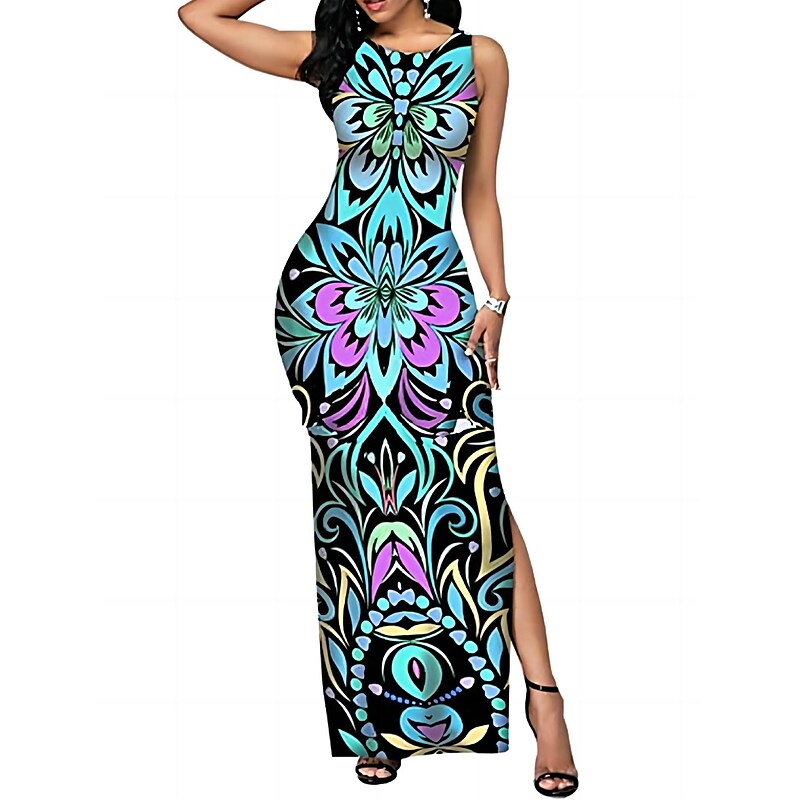 flowersverse Women's Work Dress Sheath Dress Semi Formal Dress Fashion Maxi Dress Split Print Crew Neck Sleeveless Floral Stripe Loose Fit Black White Blue Spring Summer M L XL XXL 3XL