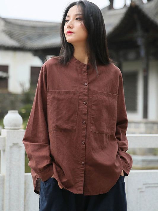 flowersverse Vintage Ramie Cotton Solid Color Long Sleeve Blouse