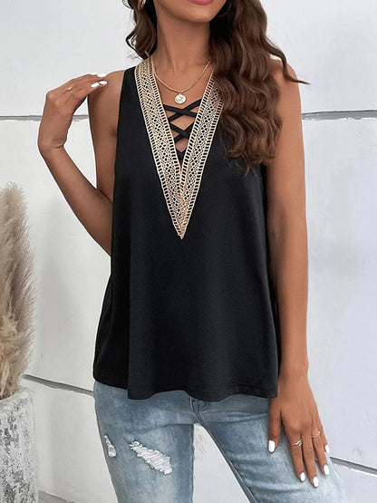 flowersverse Hollow Split-Joint Loose Sleeveless V-Neck Vest Top