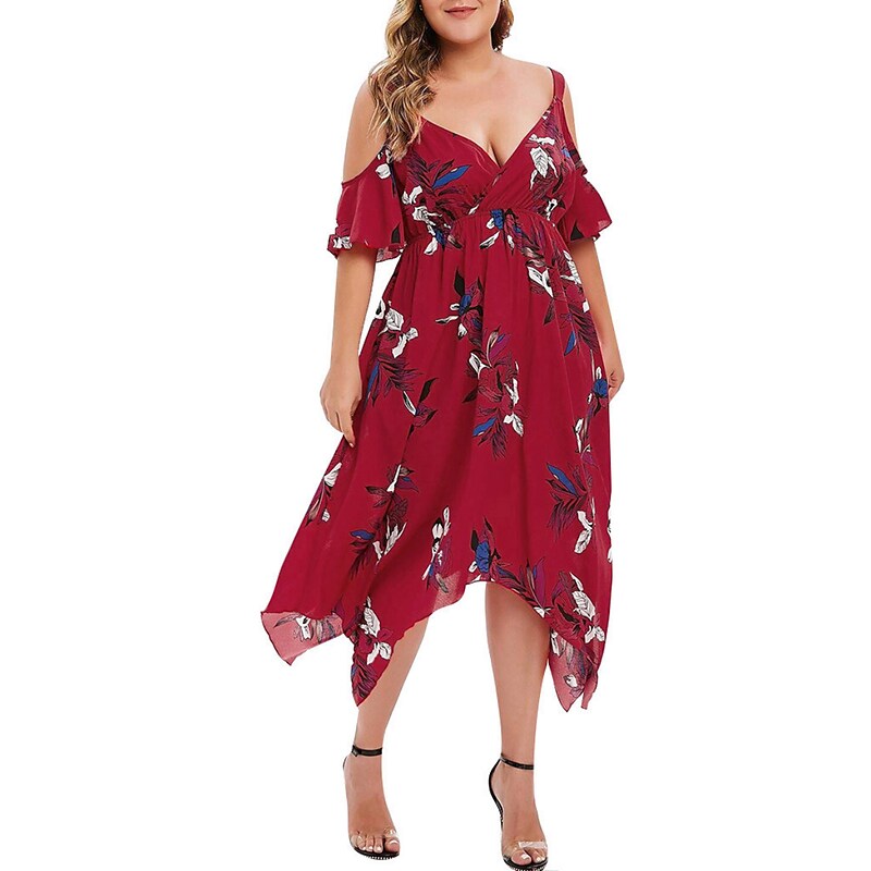 flowersverse Women's Plus Size Casual Dress Swing Dress Floral Dress Floral Midi Dress Short Sleeve Asymmetric Print V Neck Fashion Holiday Wine Navy Blue Spring Summer XL XXL 3XL 4XL 5XL