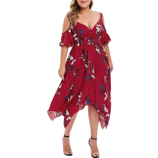 flowersverse Women's Plus Size Casual Dress Swing Dress Floral Dress Floral Midi Dress Short Sleeve Asymmetric Print V Neck Fashion Holiday Wine Navy Blue Spring Summer XL XXL 3XL 4XL 5XL