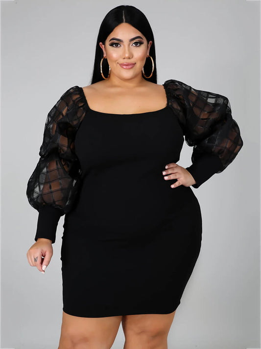 flowersverse Plus Size Long Sleeve Hollow Out Mesh Mini Dresses