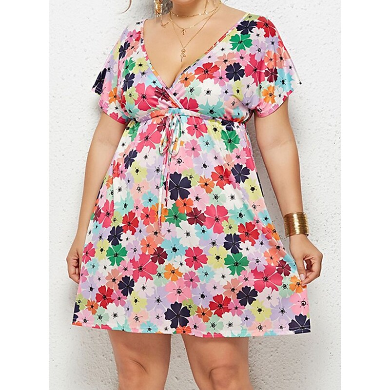 flowersverse Women's Plus Size Casual Dress Floral Dress Boho Dress Floral Plaid Mini Dress Short Sleeve Print V Neck Fashion Daily Black Pink Summer Spring L XL XXL 3XL 4XL