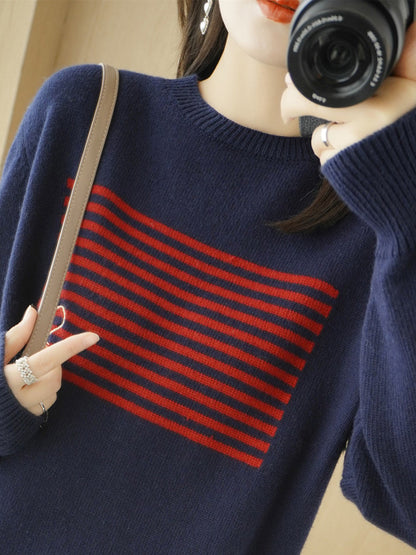 flowersverse Casual Loose Long Sleeves Striped Round-Neck Sweater Tops