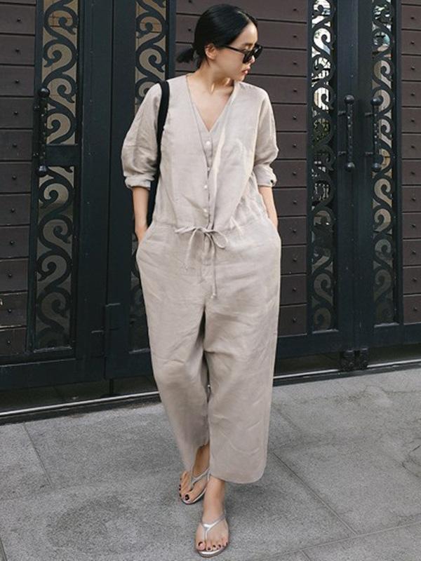 flowersverse Casual Linen V-neck Jumpsuit