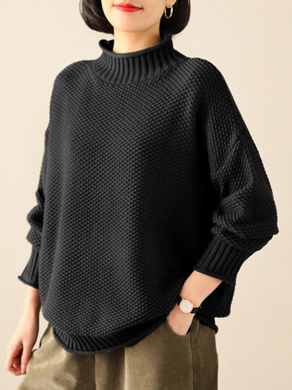 flowersverse Casual Loose Long Sleeves Solid Color High-Neck Sweater Tops