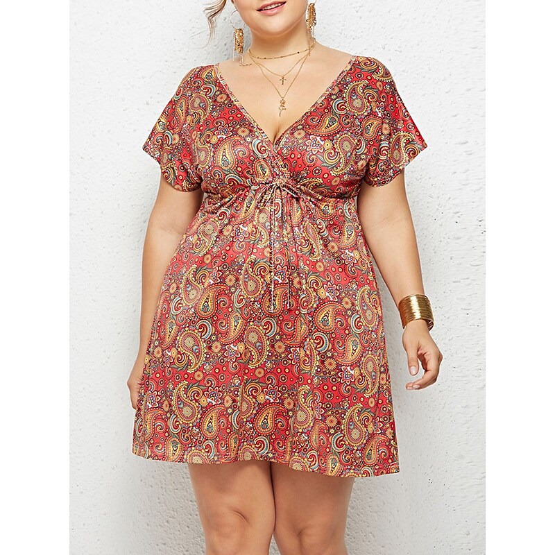 flowersverse Women's Plus Size Casual Dress Floral Dress Boho Dress Floral Plaid Mini Dress Short Sleeve Print V Neck Fashion Daily Black Pink Summer Spring L XL XXL 3XL 4XL