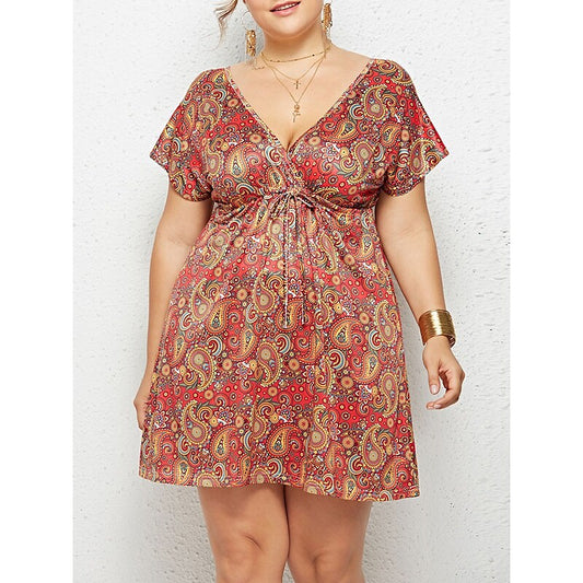 flowersverse Women's Plus Size Casual Dress Floral Dress Boho Dress Floral Plaid Mini Dress Short Sleeve Print V Neck Fashion Daily Black Pink Summer Spring L XL XXL 3XL 4XL