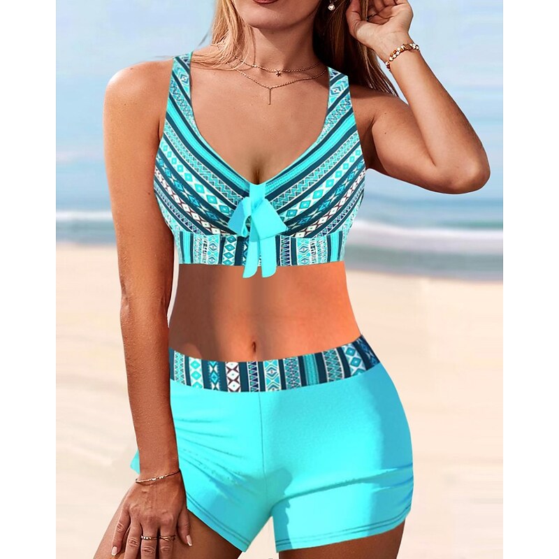 flowersverse Women's Swimwear Tankini 2 Piece Plus Size Swimsuit Printing Geometic Black Blue Purple Crop Top Bathing Suits Sports Summer