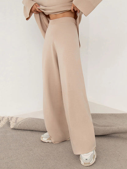 flowersverse Casual Solid Color Irregularity High-Neck Sweater& Wide Leg Pants Suits