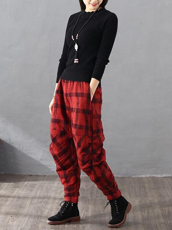 flowersverse Vintage Plaid Thickening Pleated Harem Pants