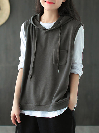 flowersverse Artistic Retro Solid Hooded Vest