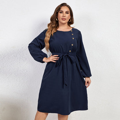 flowersverse Solid Plus Size Loose High Waist Tie Round Neck Dress