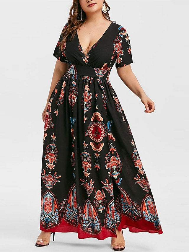 flowersverse Women's Plus Size Casual Dress A Line Dress Floral Butterfly Long Dress Maxi Dress Short Sleeve Split Print V Neck Basic Daily Black White Spring Summer XL XXL 3XL 4XL 5XL