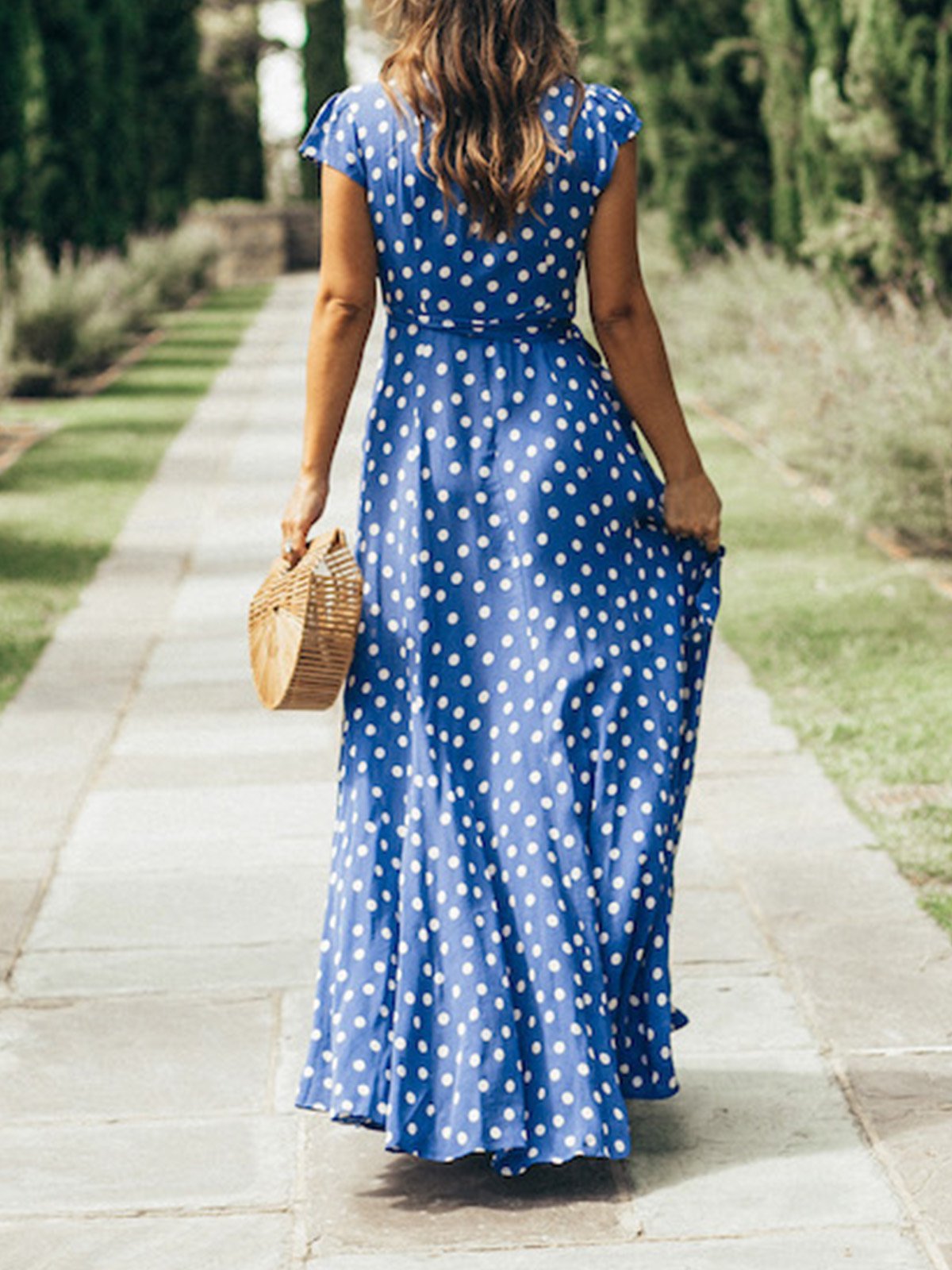 flowersverse A-Line Short Sleeve Polka Dots Maxi Dress