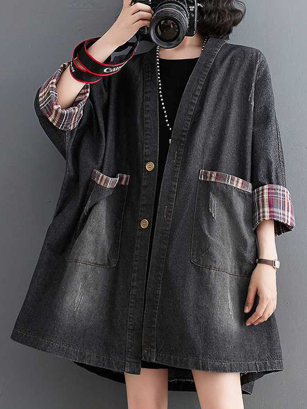 flowersverse Buttoned Plaid Pockets Split-Joint Long Sleeves Loose V-Neck Denim Outerwear