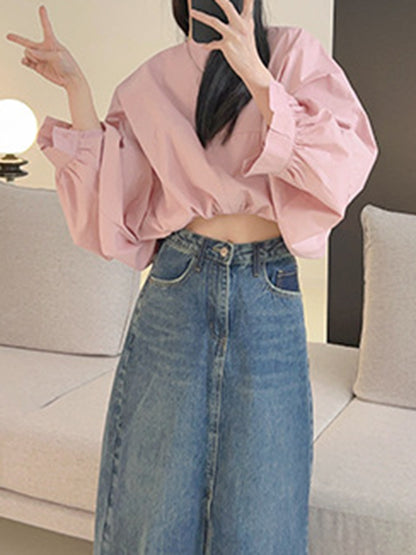 flowersverse Elasticity Solid Color Batwing Sleeves Loose Round-Neck Blouses&Shirts Tops