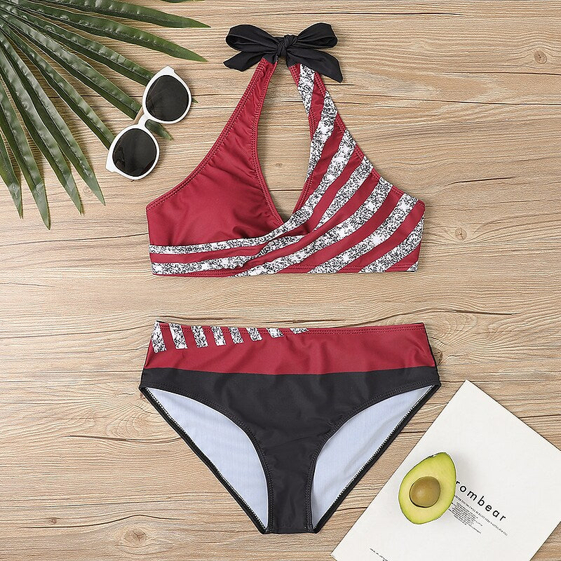 flowersverse Women's Swimwear Bikini Plus Size Swimsuit 2 Piece Striped Black Burgundy Blue Lavender Purple Bandeau Bathing Suits Sports Summer