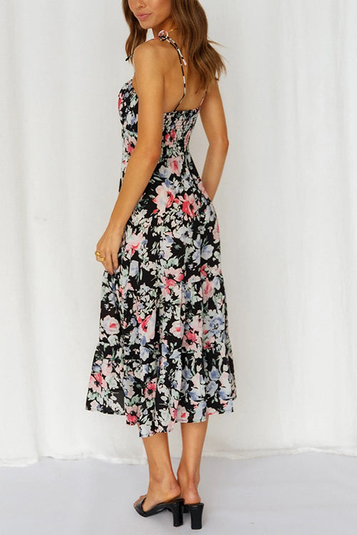 flowersverse Floral Tie Straps Ruffles Midi Dress