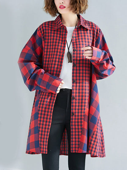 flowersverse Fashion Plaid Lapel Long Sleeve Blouse Top