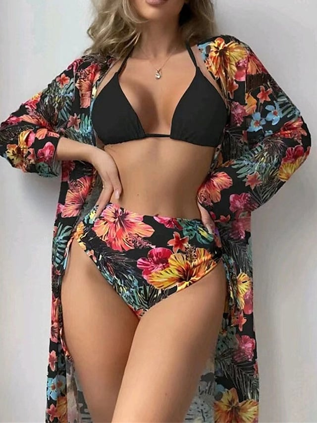 flowersverse Women's Swimwear Bikini Three Piece Normal Swimsuit High Waist Open Back Printing Flower Black Yellow White Halter V Wire Bathing Suits Sexy Vacation Fashion