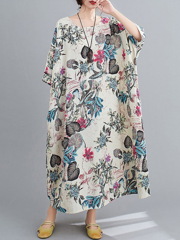 flowersverse Vintage Floral Round-Neck Dress