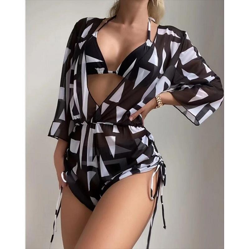 flowersverse Women's Swimwear Bikini Normal Swimsuit 3-Piece Printing Leaf Geometic Black Orange Green Bathing Suits Sports Beach Wear Summer