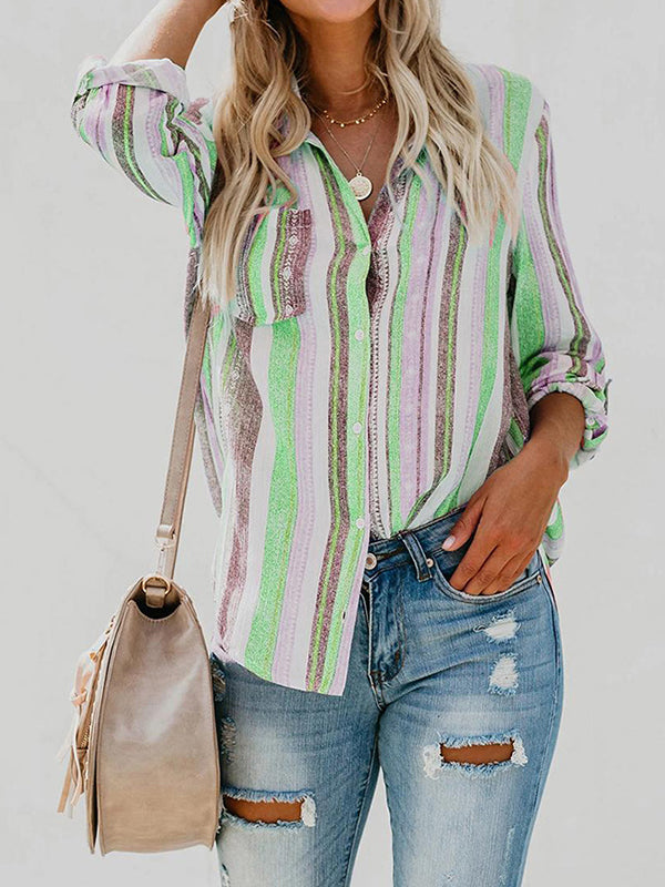 flowersverse Buttoned Pockets Striped High-Low Long Sleeves Lapel Blouses&Shirts Tops