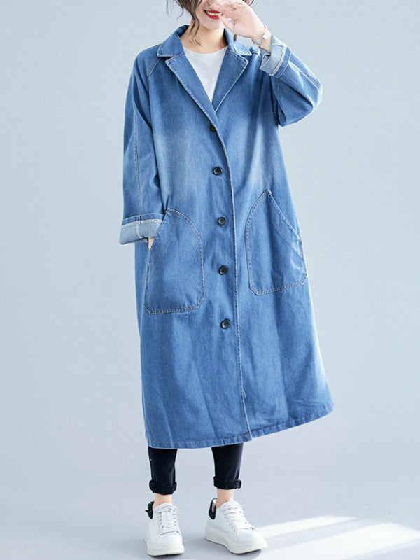 flowersverse Original Lapel Long Sleeve Denim Outerwear&Trench